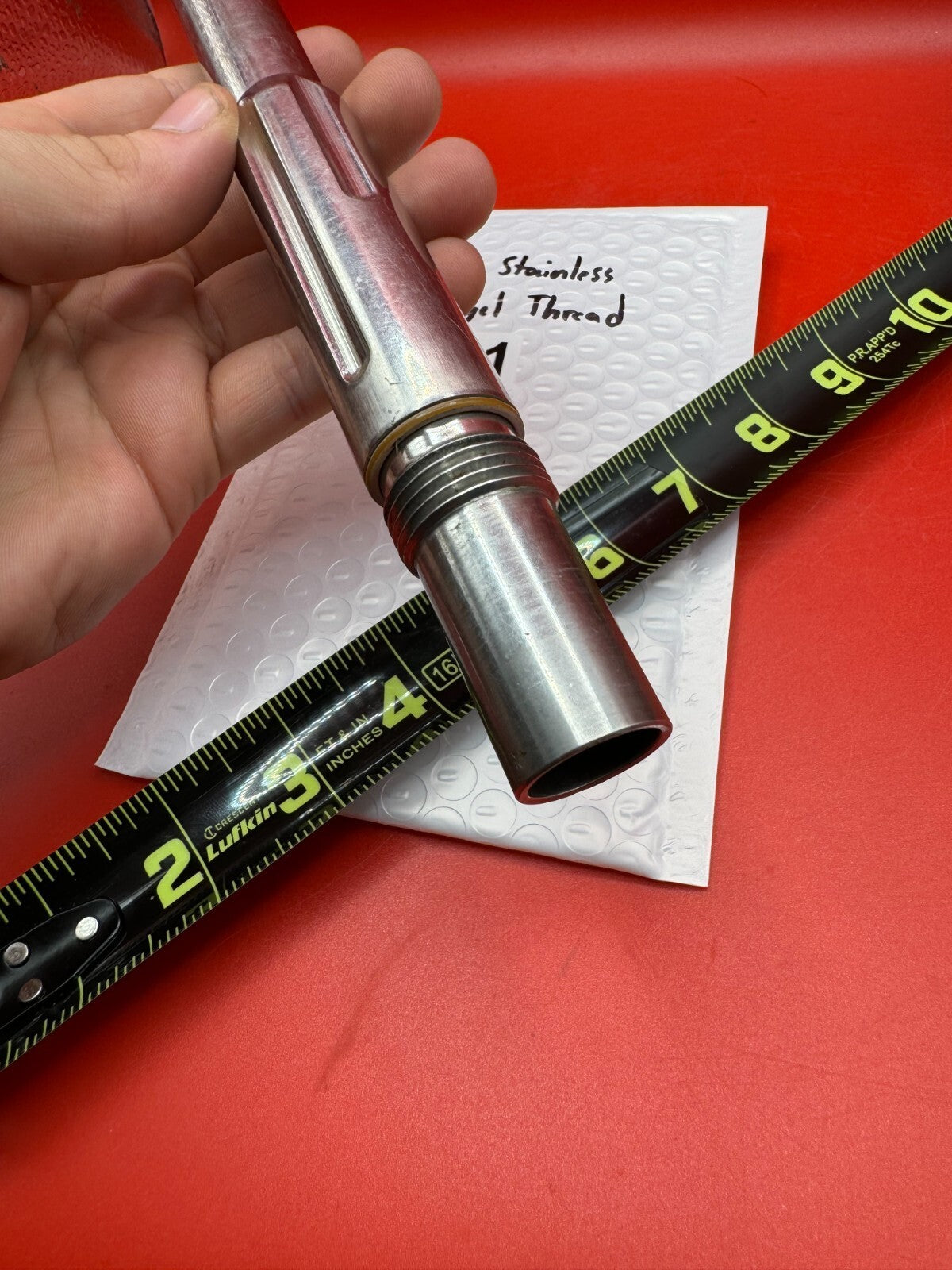 Dye 12 inch Stainless Old Angel Thread - used paintball barrel (two-piece back) - silver (raw stainless)