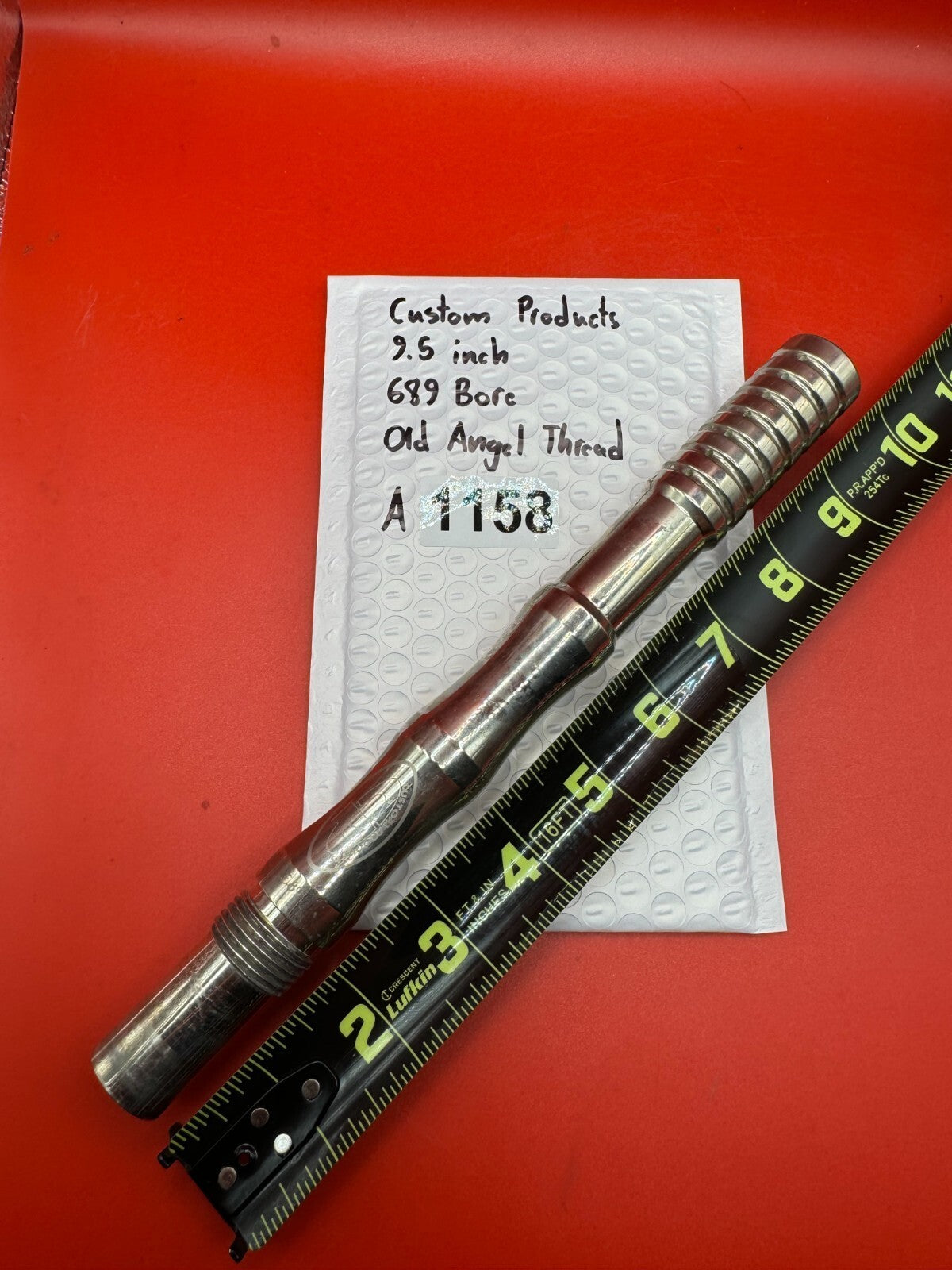 Custom Products 9.5 inch 689 Bore Old Angel Thread - used paintball barrel (two-piece: back + tip) - silver / polished aluminum with clear acrylic tip