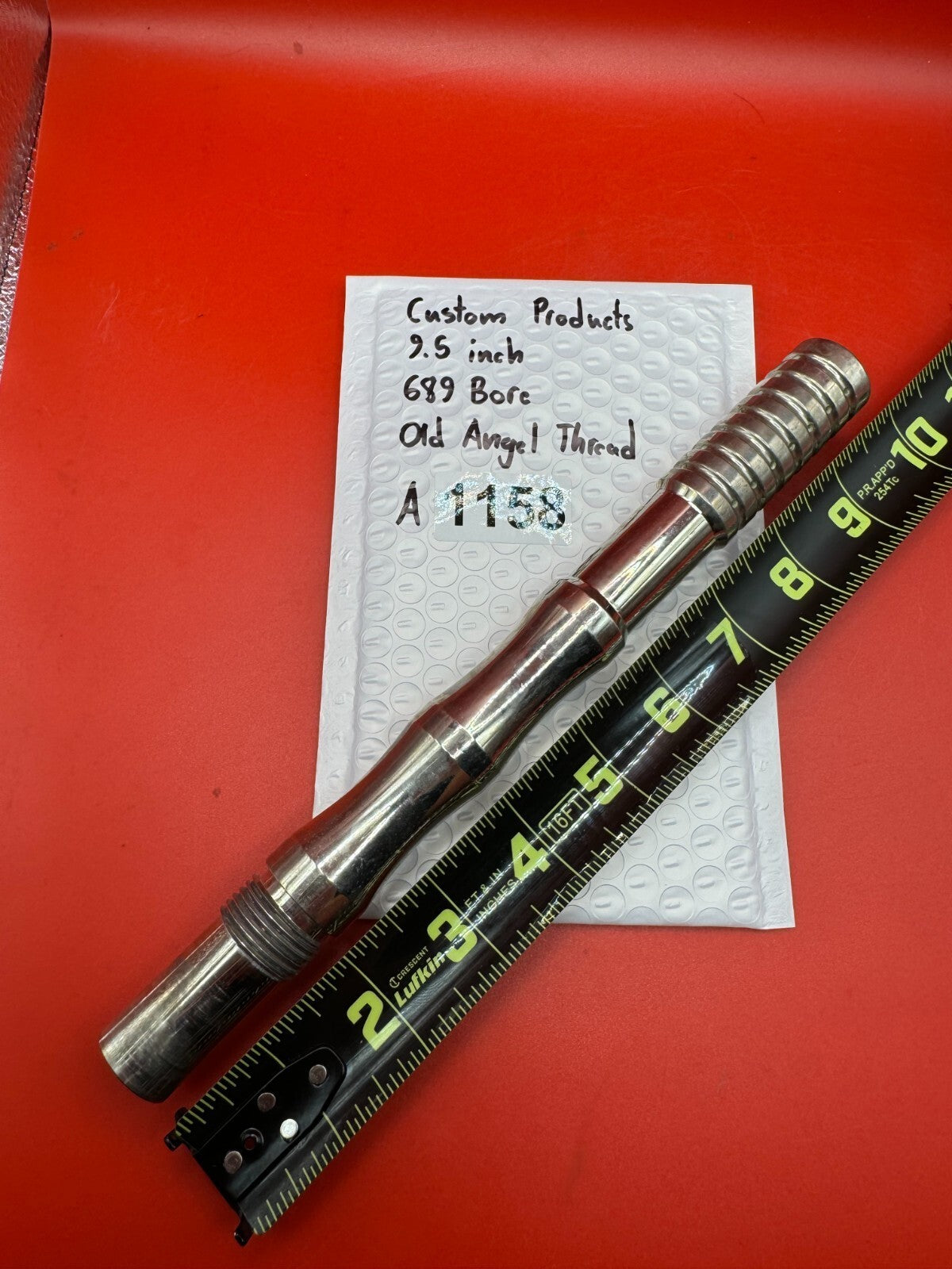Custom Products 9.5 inch 689 Bore Old Angel Thread - used paintball barrel (two-piece: back + tip) - silver / polished aluminum with clear acrylic tip
