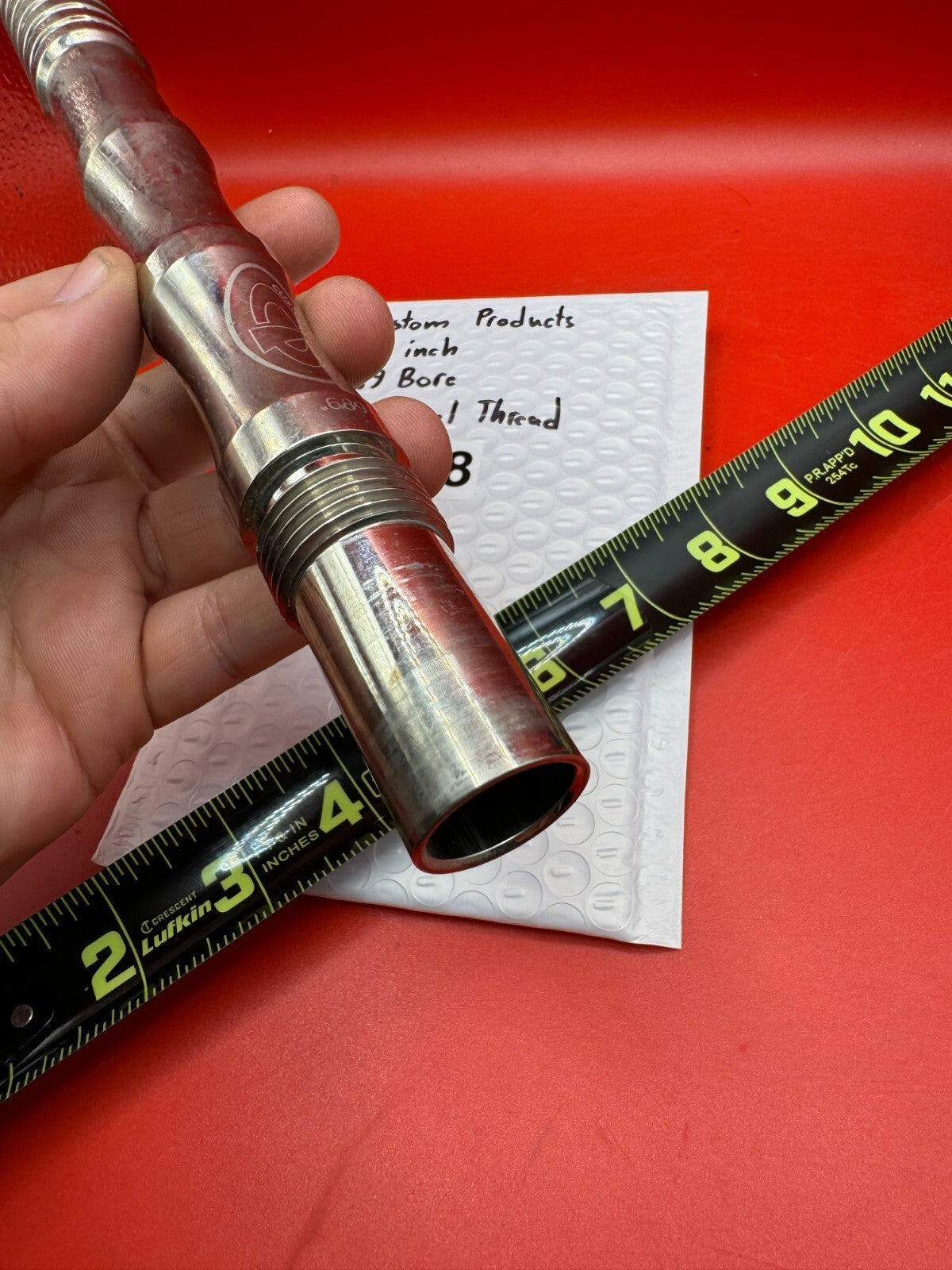 Custom Products 9.5 inch 689 Bore Old Angel Thread - used paintball barrel (two-piece: back + tip) - silver / polished aluminum with clear acrylic tip