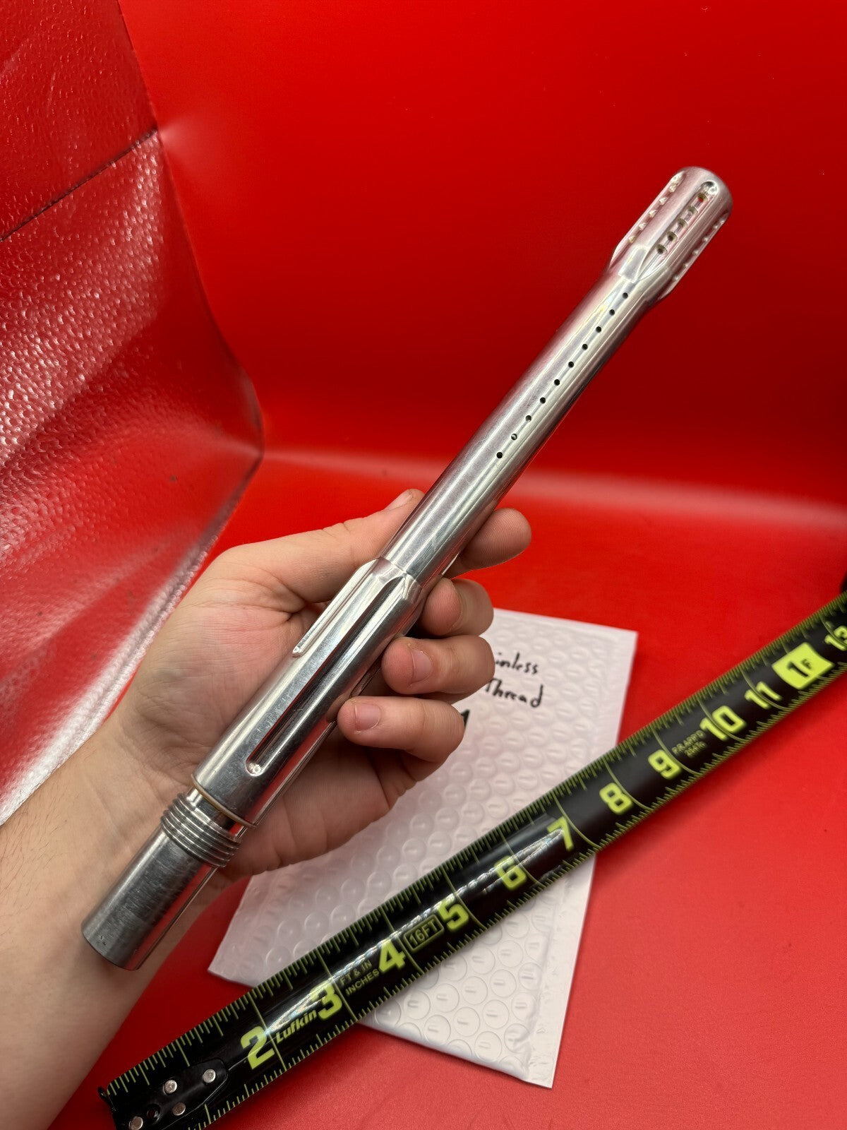 Dye 12 inch Stainless Old Angel Thread - used paintball barrel (two-piece back) - silver (raw stainless)