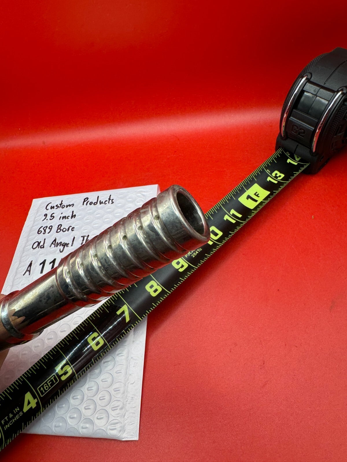 Custom Products 9.5 inch 689 Bore Old Angel Thread - used paintball barrel (two-piece: back + tip) - silver / polished aluminum with clear acrylic tip