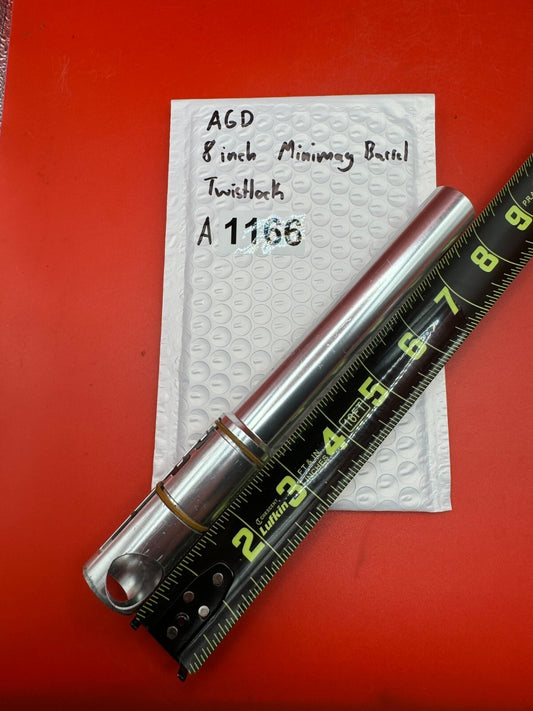 AGD 8 inch MInimag Barrel Twistlock - used paintball barrel - silver / raw aluminum with pink anodized tube