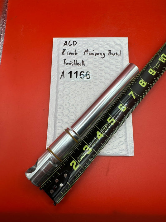 AGD 8 inch MInimag Barrel Twistlock - used paintball barrel - silver / raw aluminum with pink anodized tube