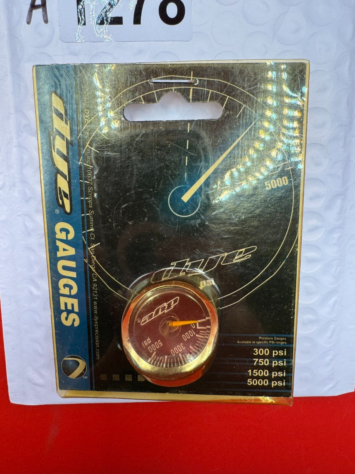 Dye 0-5000 Gauge NOS - used paintball pressure gauge - gold/red