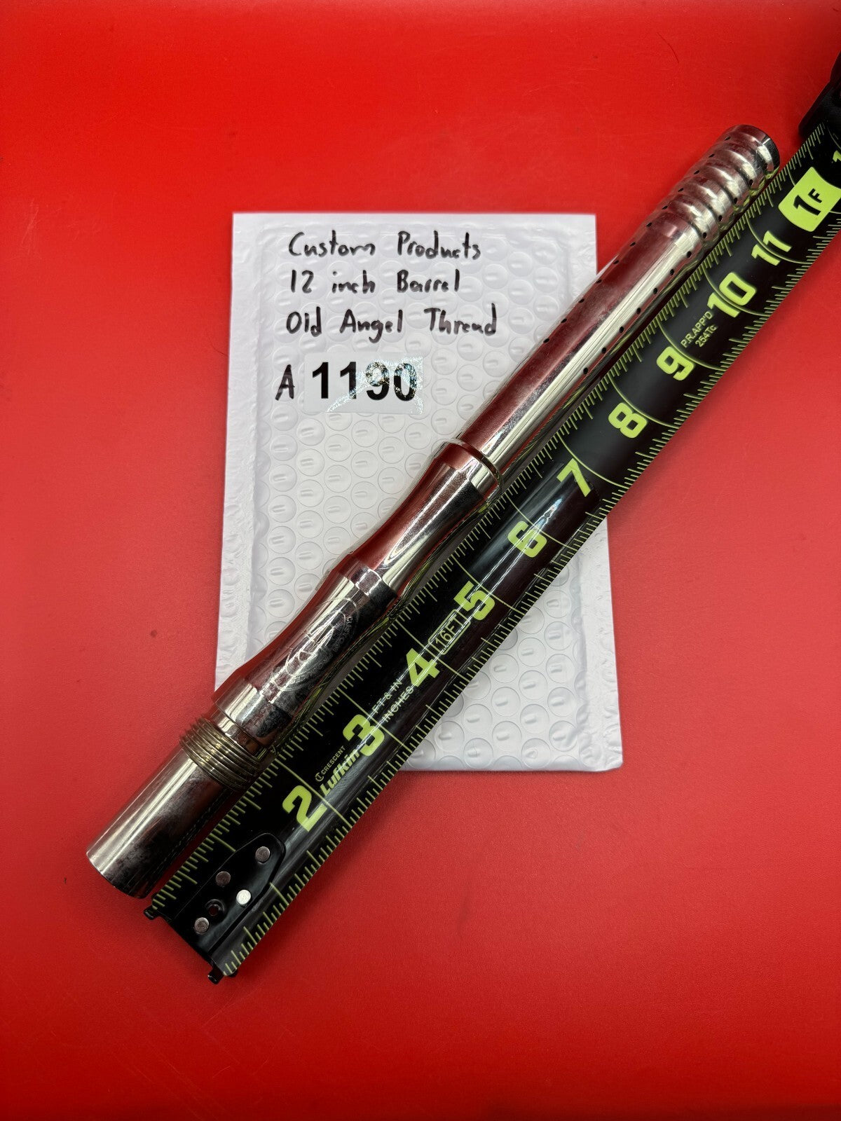 Custom Products 12 inch Paintball Barrel Old Angel Thread - used paintball barrel - red anno/silver