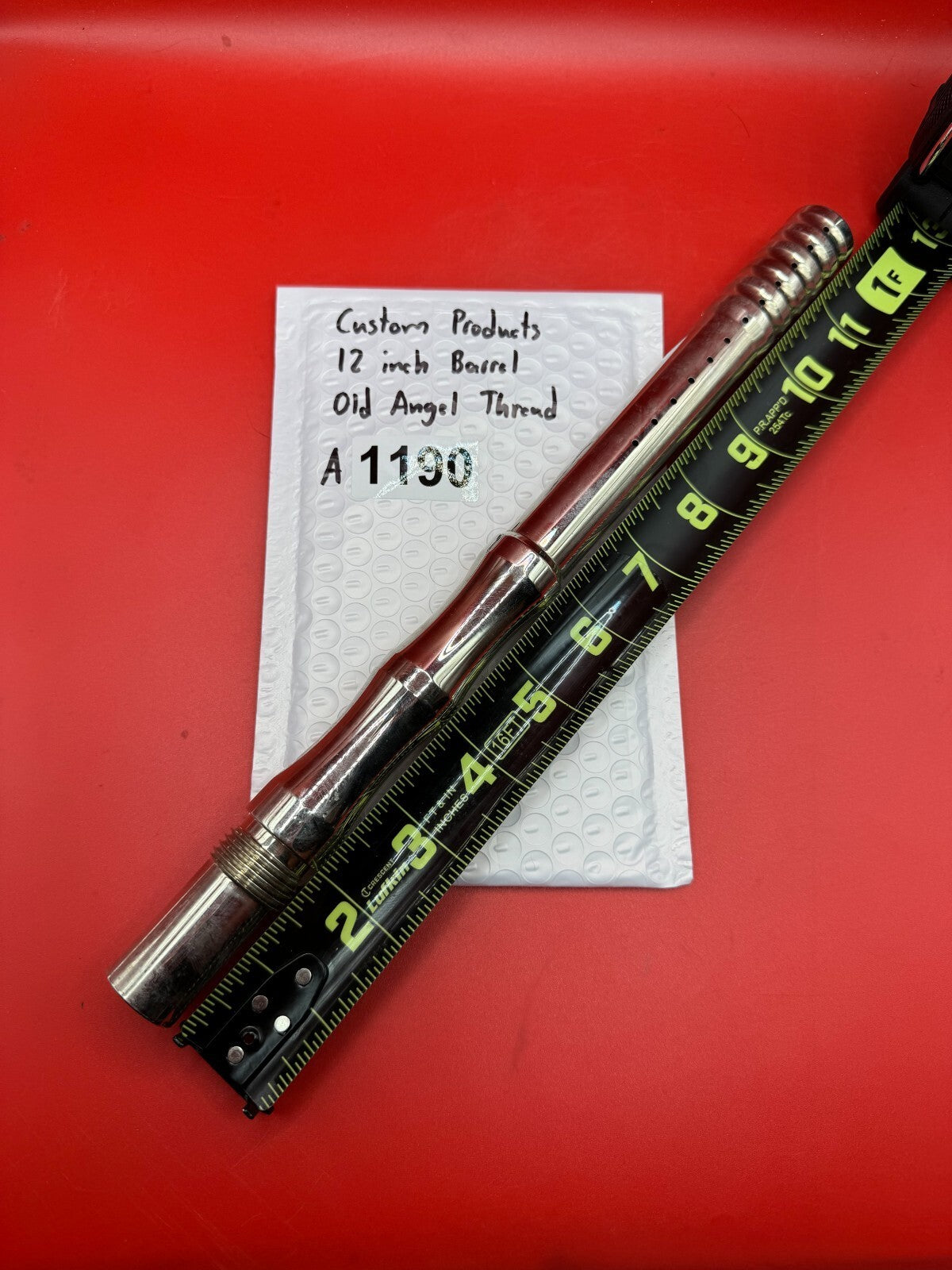 Custom Products 12 inch Paintball Barrel Old Angel Thread - used paintball barrel - red anno/silver
