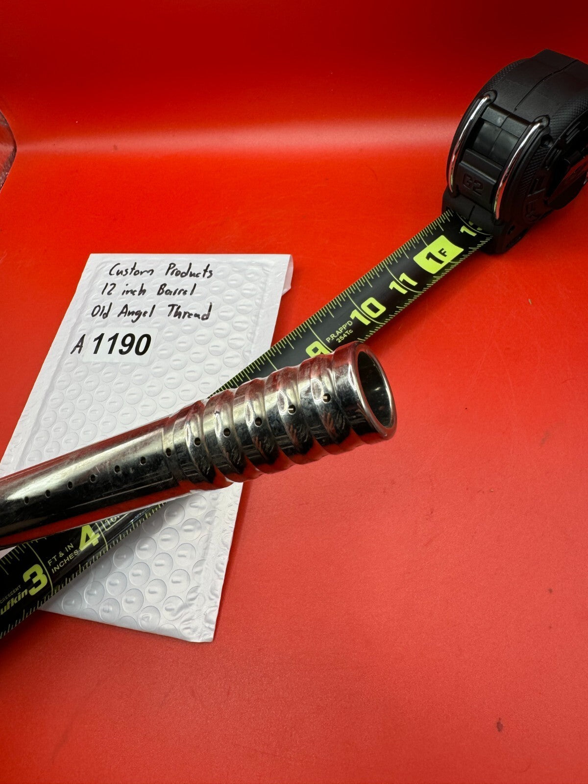 Custom Products 12 inch Paintball Barrel Old Angel Thread - used paintball barrel - red anno/silver