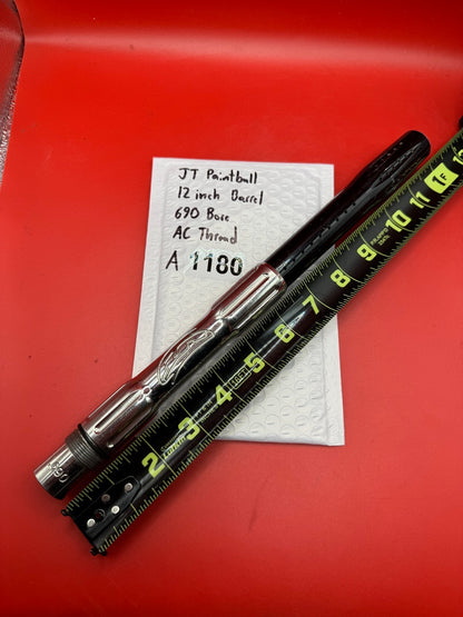 JT Paintball 12 inch Barrel 690 Bore AC Thread - used paintball barrel (one-piece) - black anodized body / silver polished threaded insert