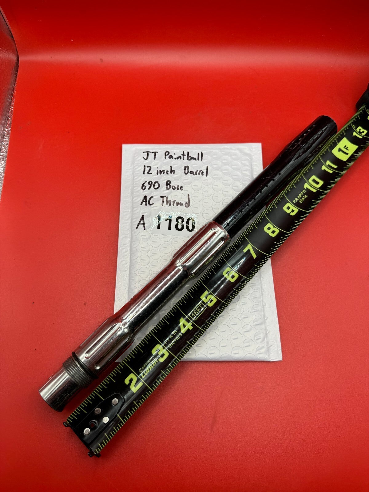 JT Paintball 12 inch Barrel 690 Bore AC Thread - used paintball barrel (one-piece) - black anodized body / silver polished threaded insert