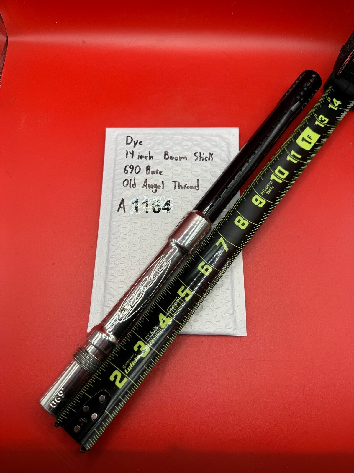 Dye 14 inch Boom Stick 690 Bore Old Angel Thread - used paintball barrel (two-piece: back + tip) - black anodized barrel tube with red/pink anno back, polished silver chrome mid-section coupler