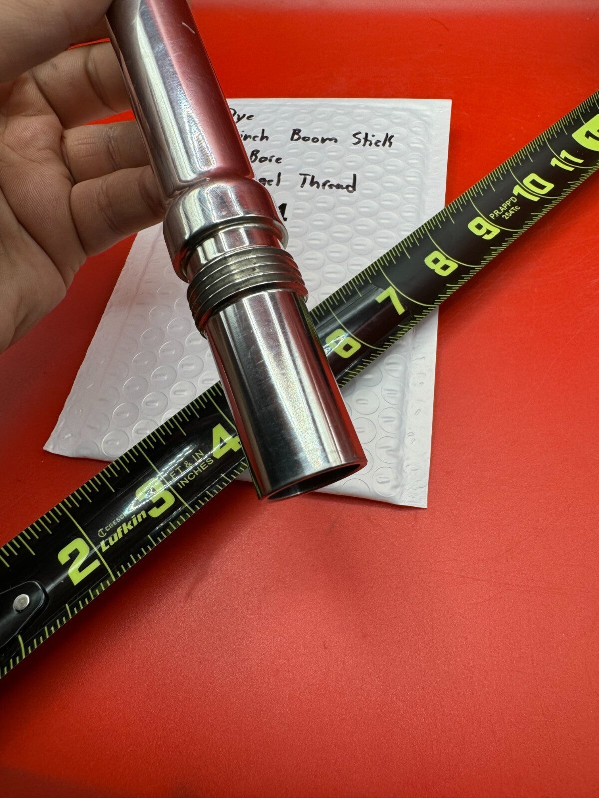 Dye 14 inch Boom Stick 690 Bore Old Angel Thread - used paintball barrel (two-piece: back + tip) - black anodized barrel tube with red/pink anno back, polished silver chrome mid-section coupler