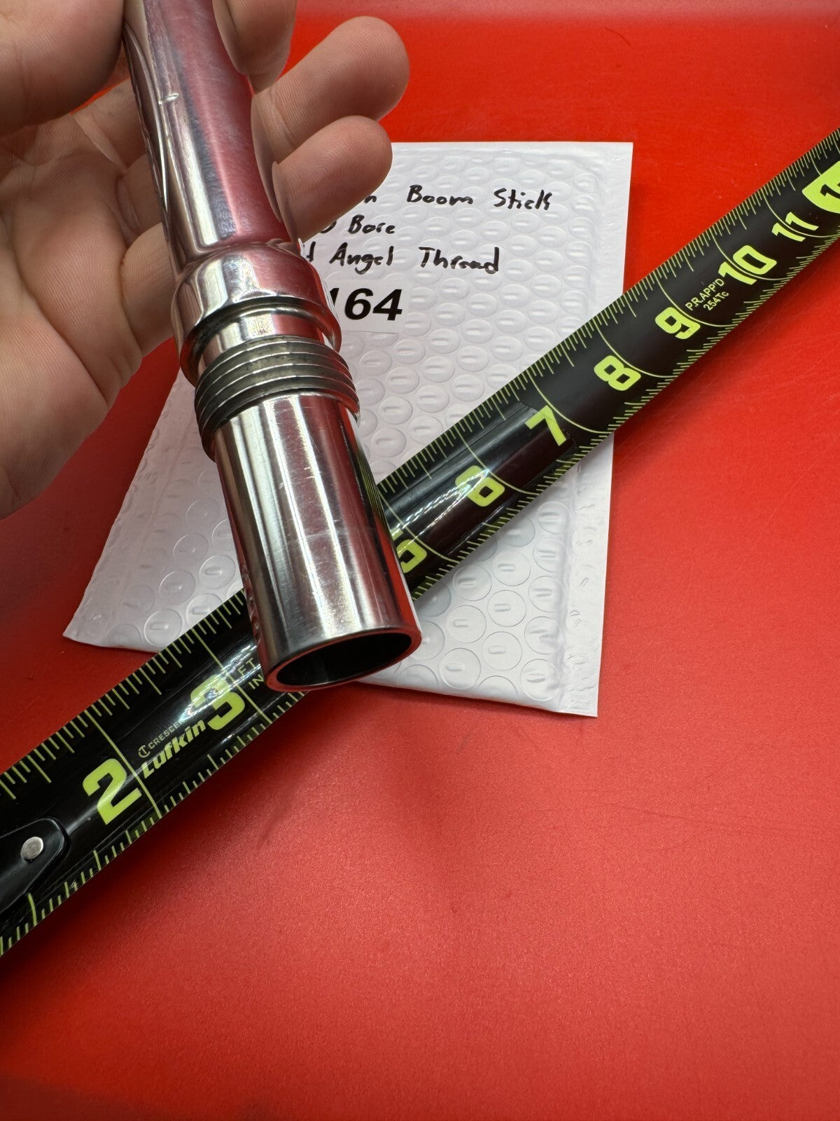 Dye 14 inch Boom Stick 690 Bore Old Angel Thread - used paintball barrel (two-piece: back + tip) - black anodized barrel tube with red/pink anno back, polished silver chrome mid-section coupler