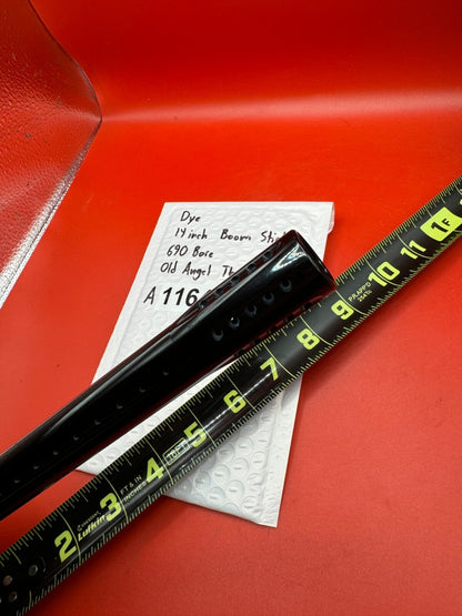 Dye 14 inch Boom Stick 690 Bore Old Angel Thread - used paintball barrel (two-piece: back + tip) - black anodized barrel tube with red/pink anno back, polished silver chrome mid-section coupler