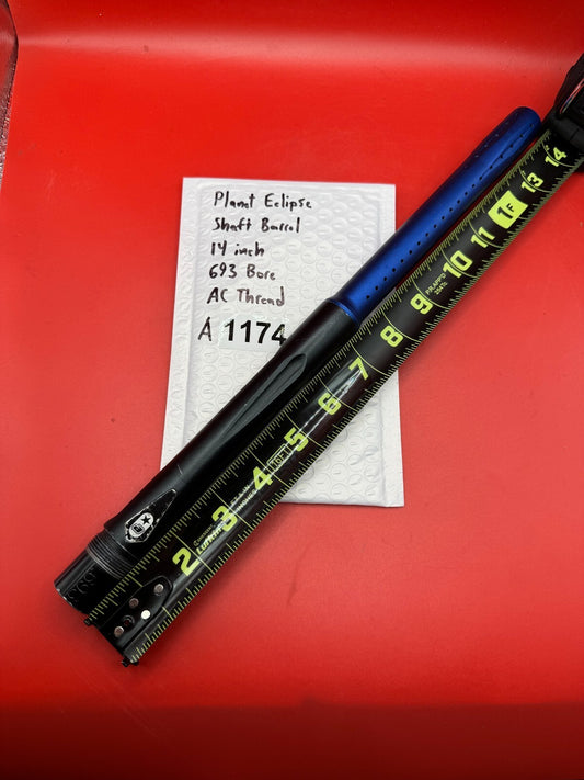 Planet Eclipse Shaft Barrel 14 inch 693 Bore AC Thread - used paintball barrel (two-piece back) - black body / blue anodized tip