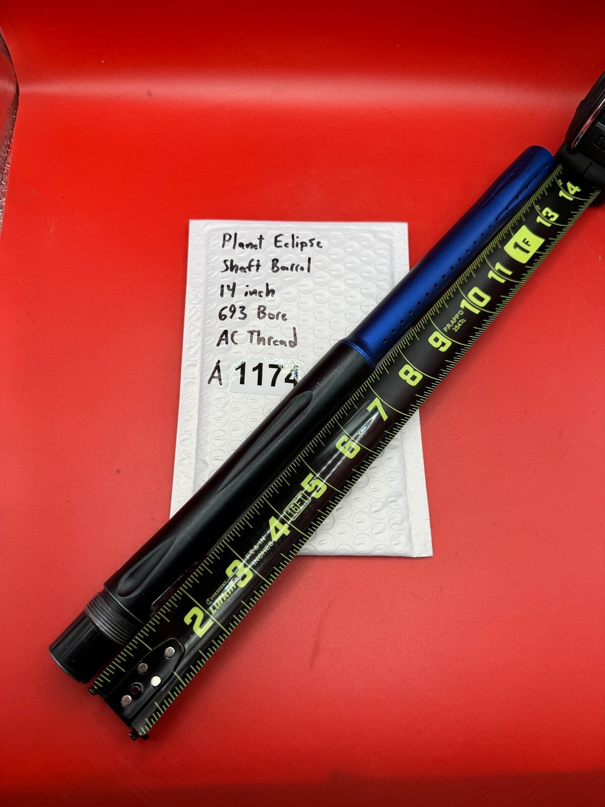Planet Eclipse Shaft Barrel 14 inch 693 Bore AC Thread - used paintball barrel (two-piece back) - black body / blue anodized tip