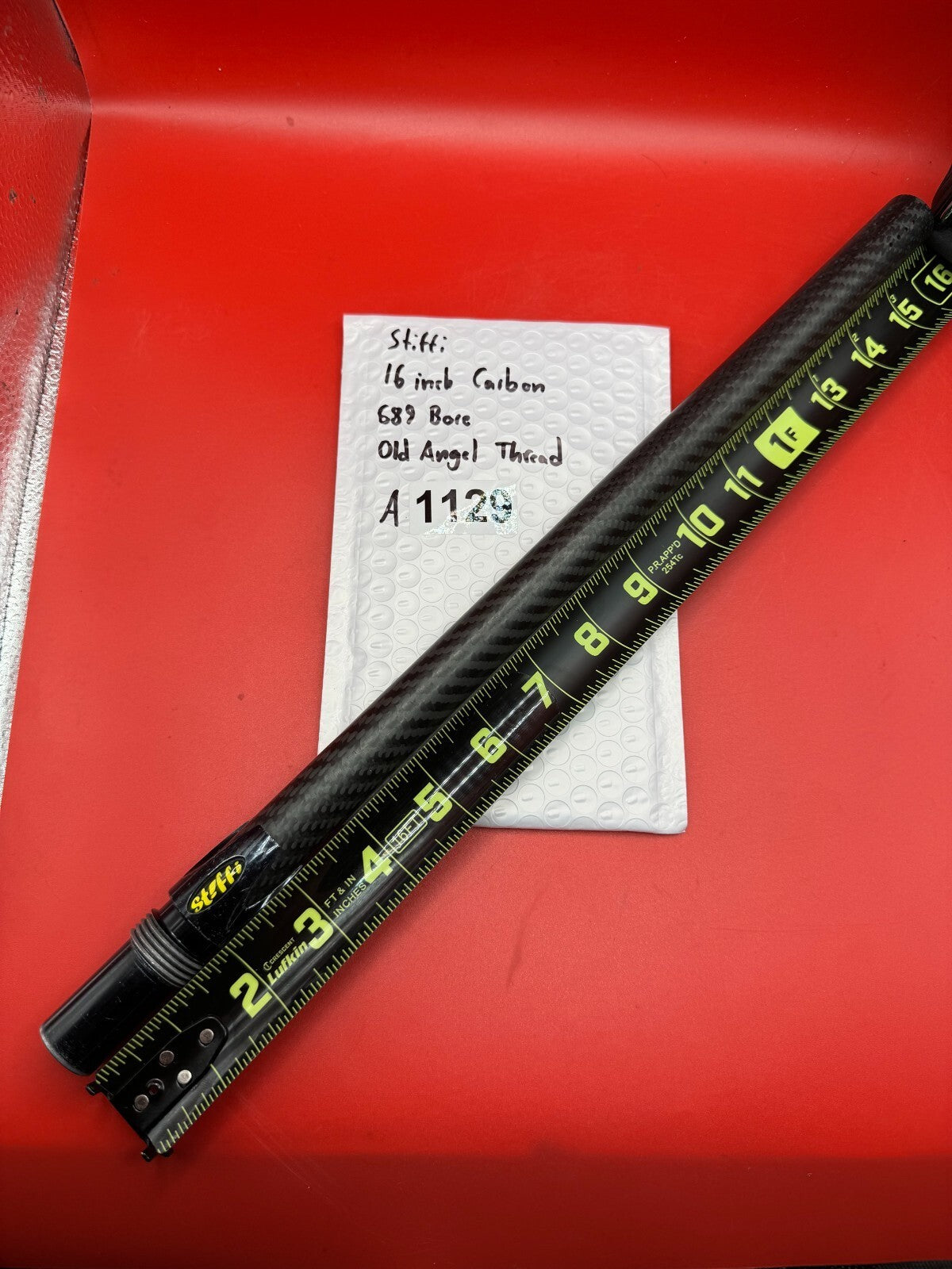 Stiffi 16 inch Carbon 689 Bore Old Angel Thread - used paintball barrel (one-piece) - black carbon fiber with black aluminum back