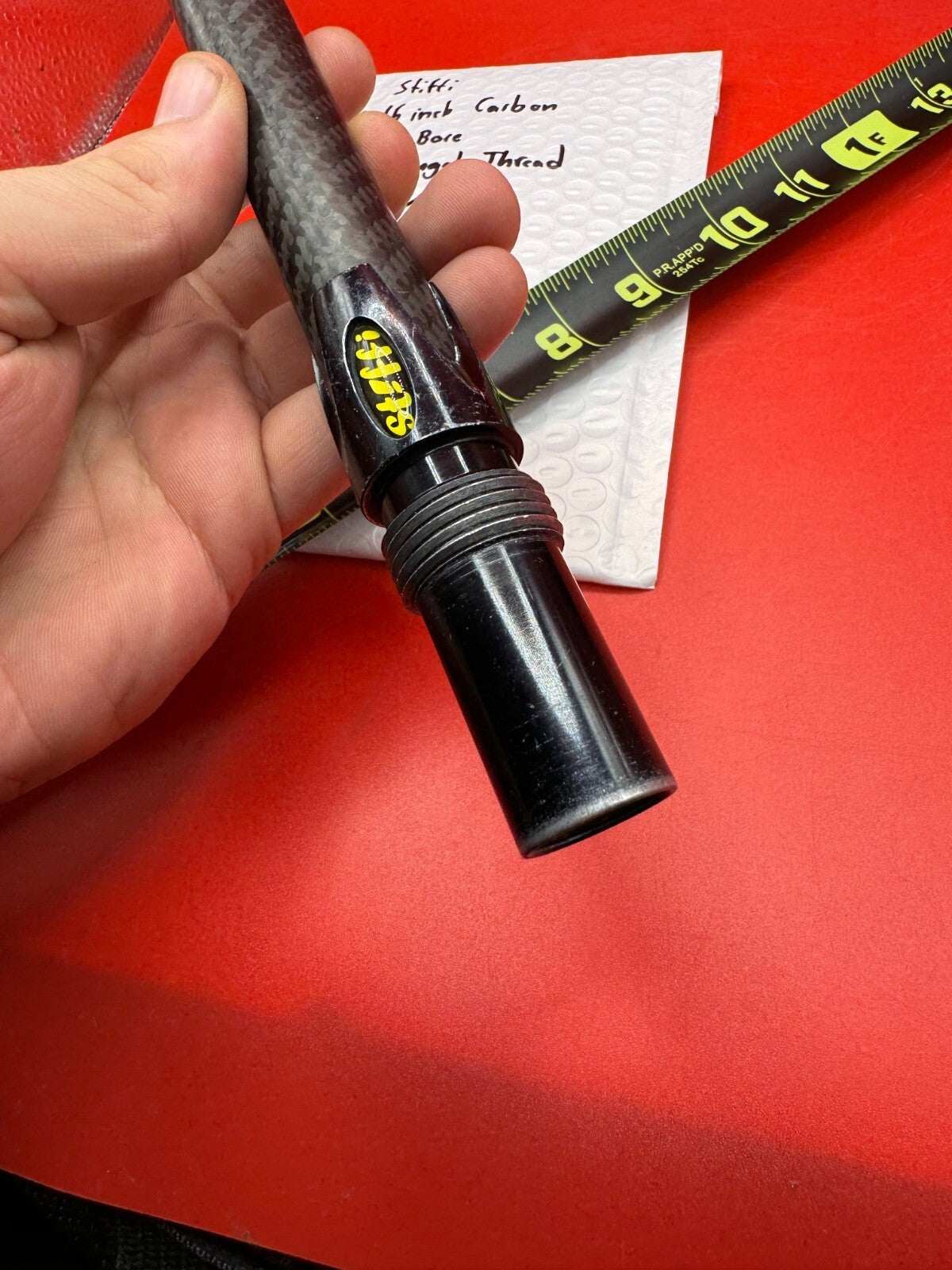 Stiffi 16 inch Carbon 689 Bore Old Angel Thread - used paintball barrel (one-piece) - black carbon fiber with black aluminum back