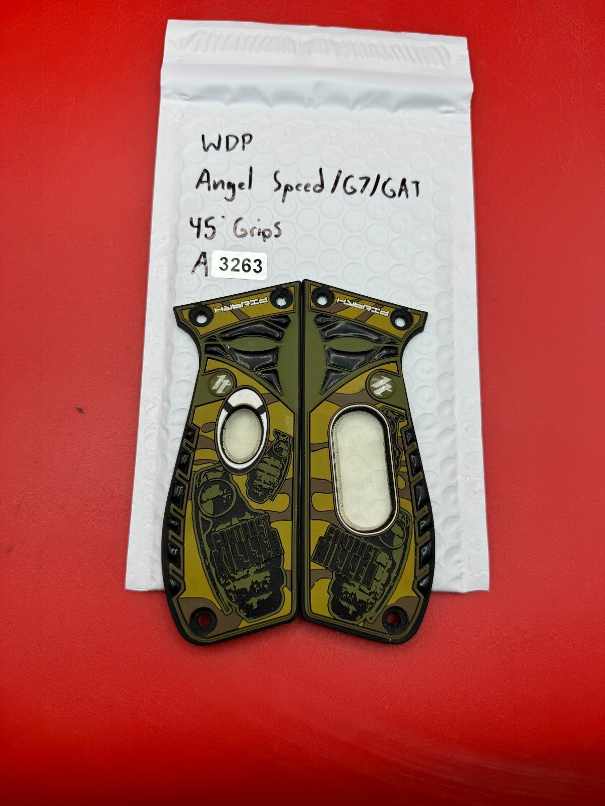 WDP Angel Speed/GT/GAT 45° Grips - used paintball grip panels - olive/tan camo (hybrid) + black (plain)