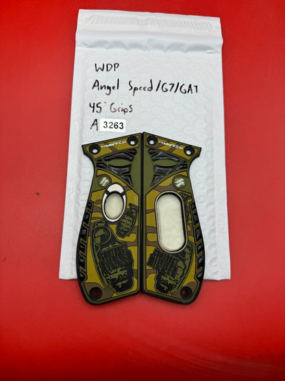 WDP Angel Speed/GT/GAT 45° Grips - used paintball grip panels - olive/tan camo (hybrid) + black (plain)