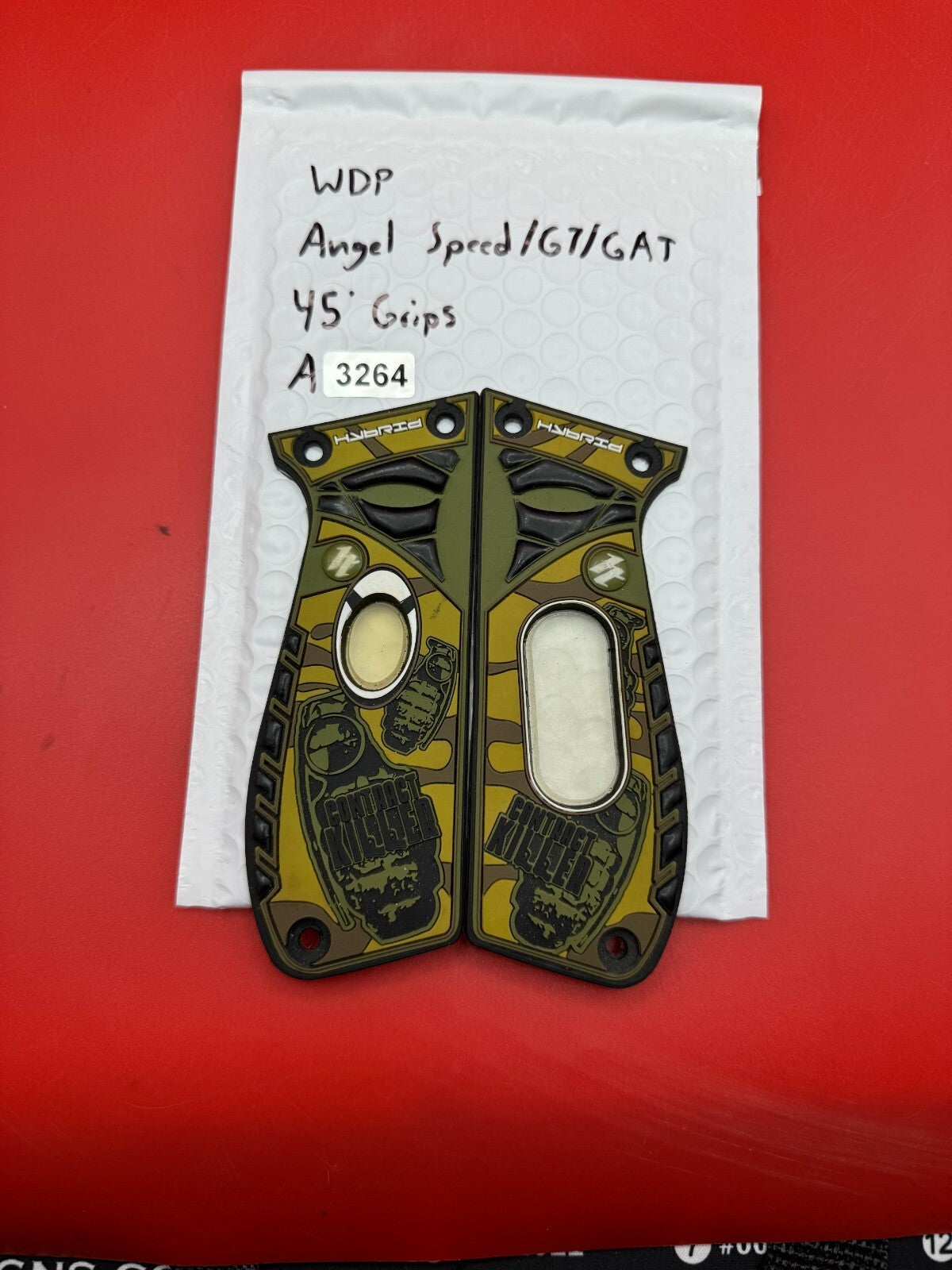 WDP Angel Speed/GT/GAT 45Â° Grips - used paintball grip panels - olive/tan/black camo