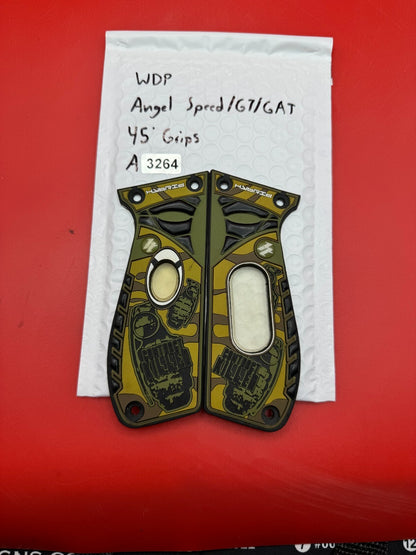 WDP Angel Speed/GT/GAT 45Â° Grips - used paintball grip panels - olive/tan/black camo