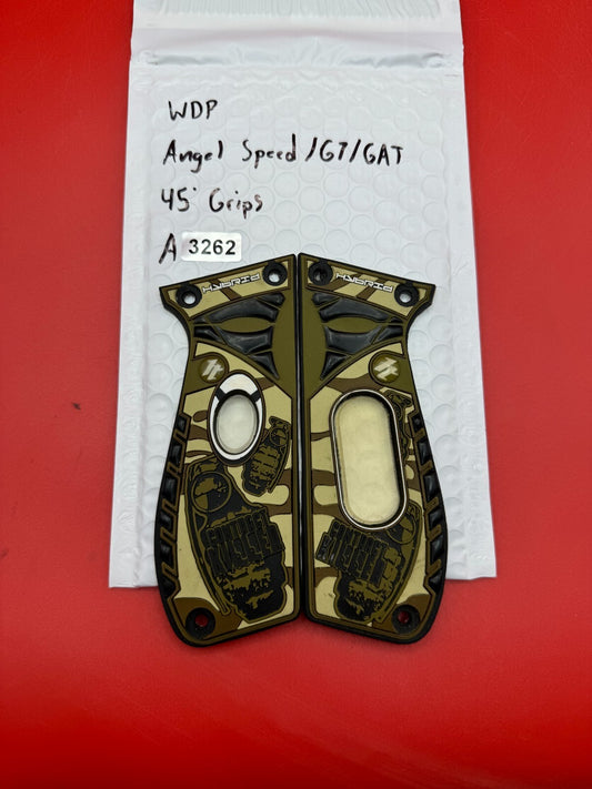 WDP Angel Speed/GT/GAT 45Â° Grips - used paintball grips - od green/black/tan camo
