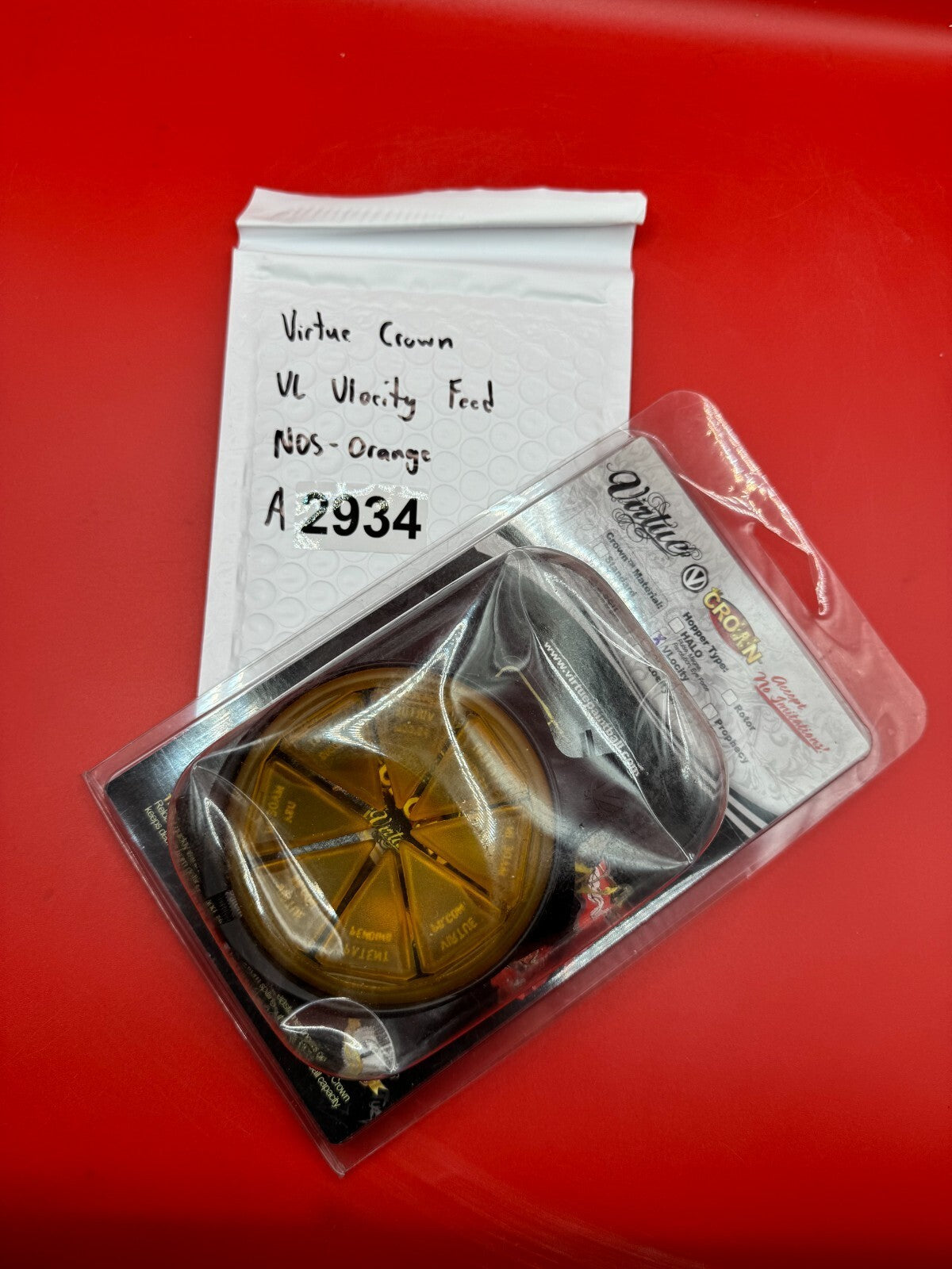 Virtue Crown VL Vlocity Feed NOS - Orange - used paintball hopper feed lid / crown - orange/black