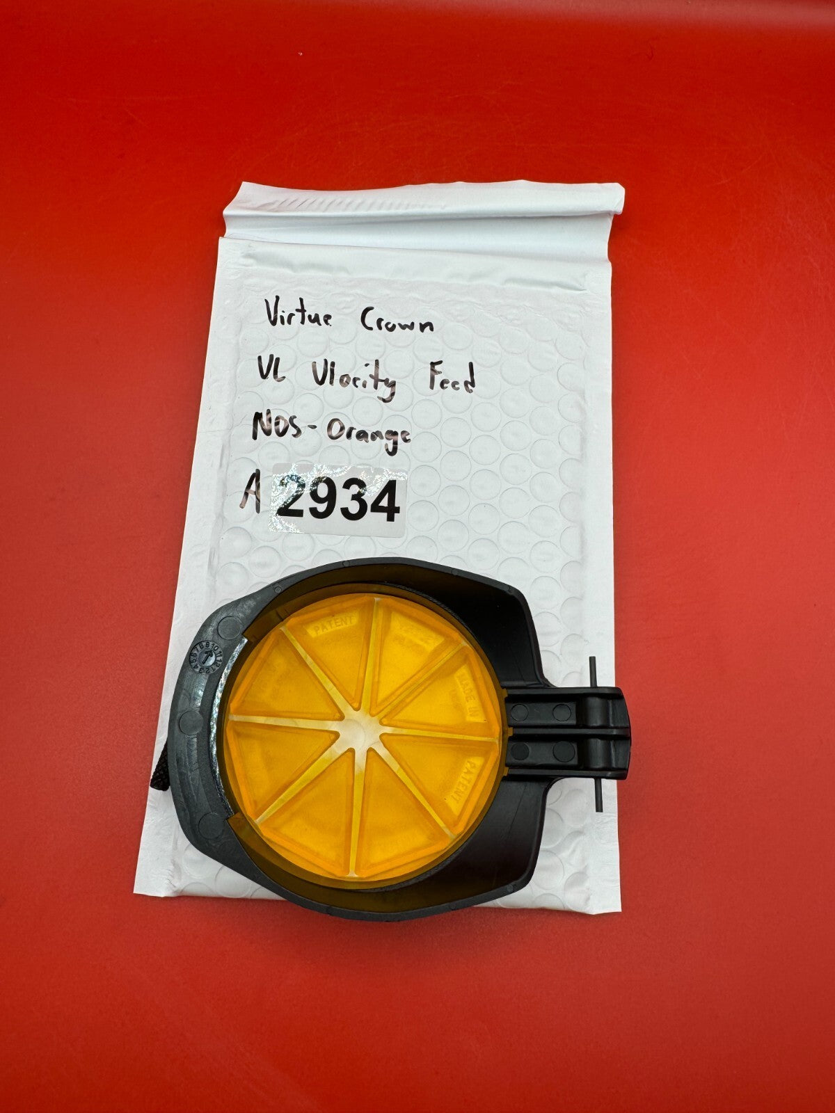 Virtue Crown VL Vlocity Feed NOS - Orange - used paintball hopper feed lid / crown - orange/black
