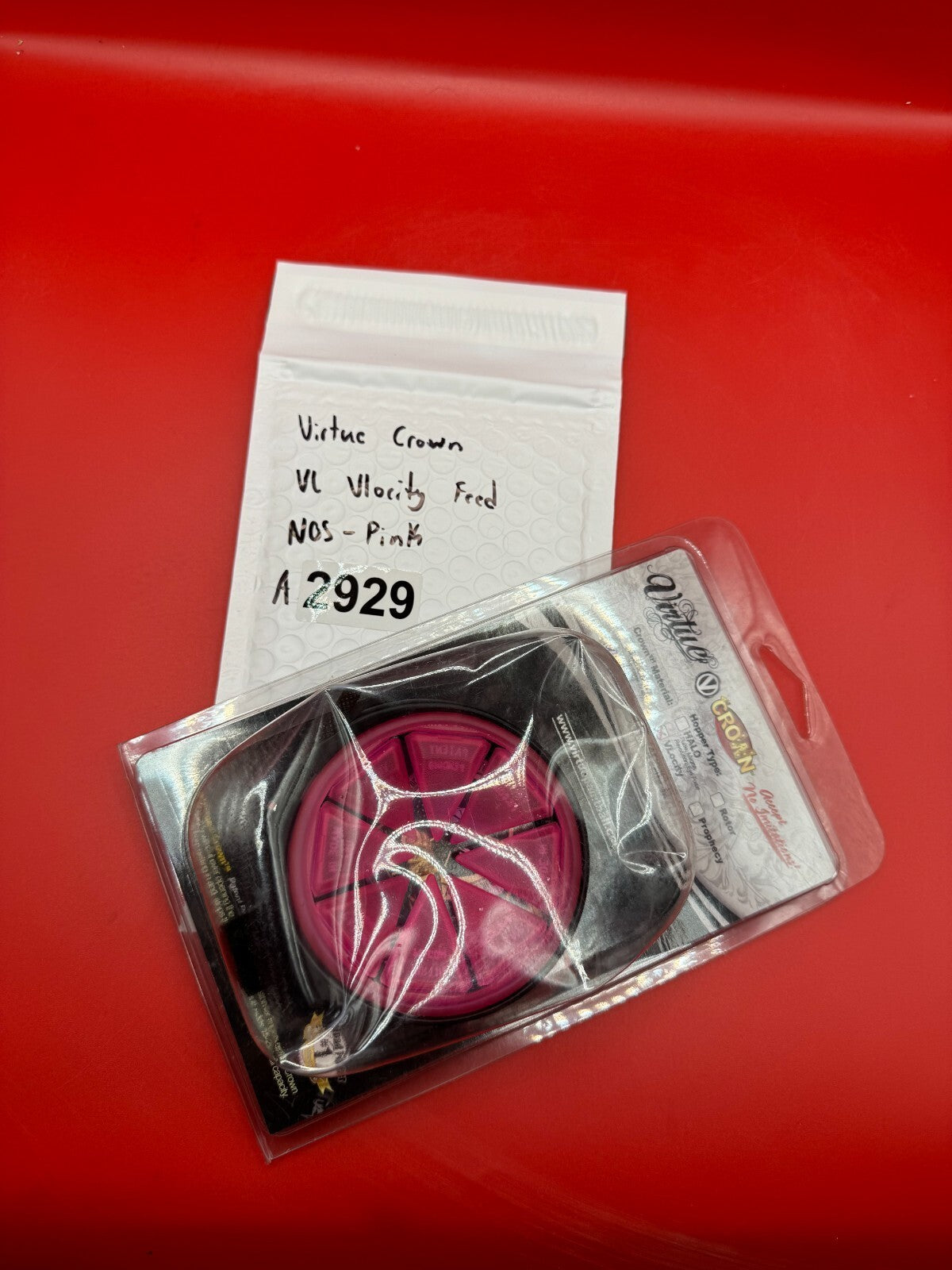 Virtue Crown VL Vlocity Feed NOS - Pink - used paintball hopper feed neck crown / loader feed gate - pink/black