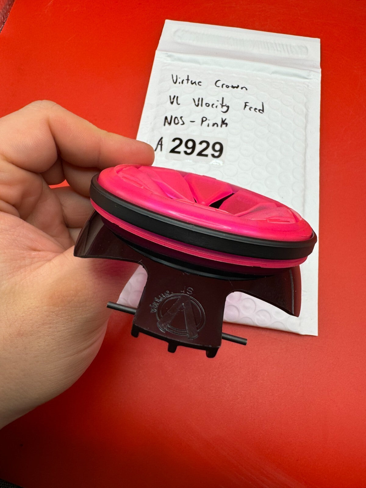 Virtue Crown VL Vlocity Feed NOS - Pink - used paintball hopper feed neck crown / loader feed gate - pink/black