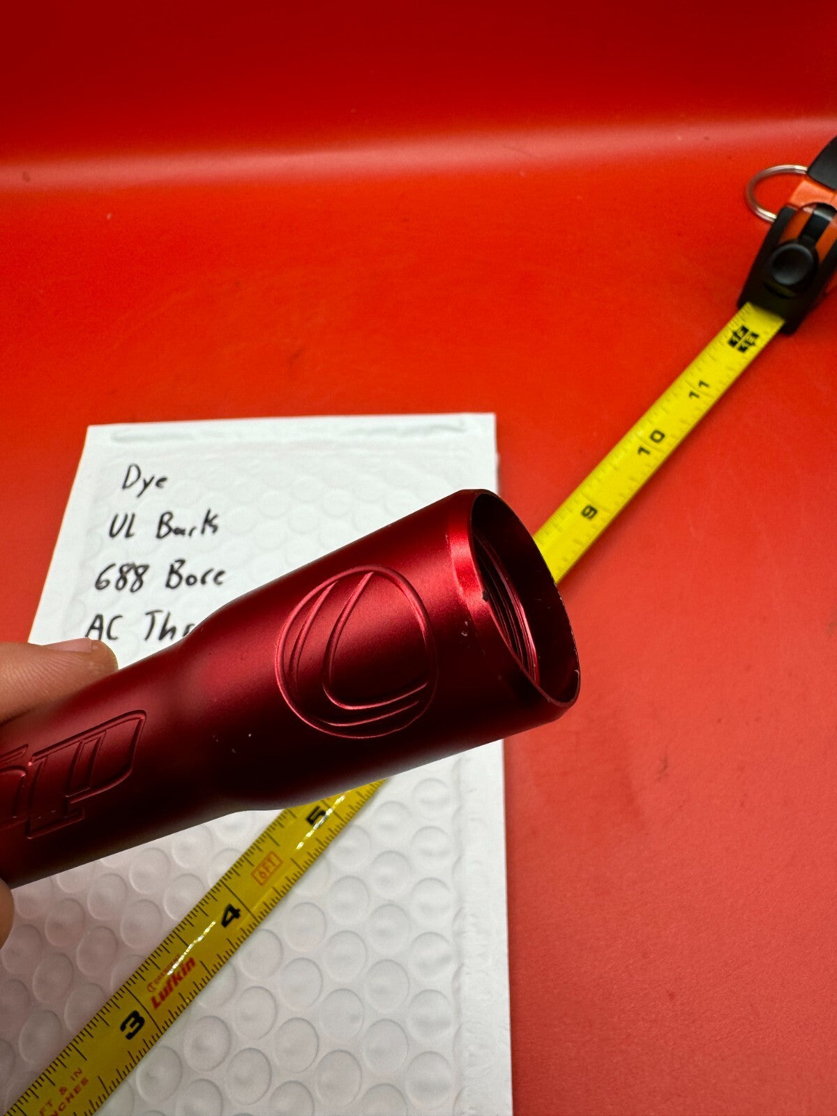Dye UL Back 688 Bore AC Thread - used paintball barrel back - red anno
