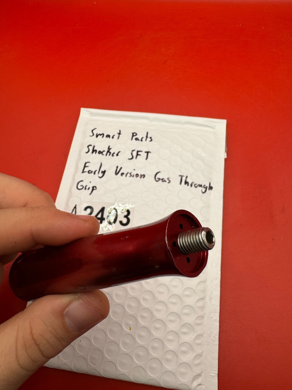 Smart Parts Shocker SFT Early Vision Gas Through Grip - used paintball gas through grip - red anno