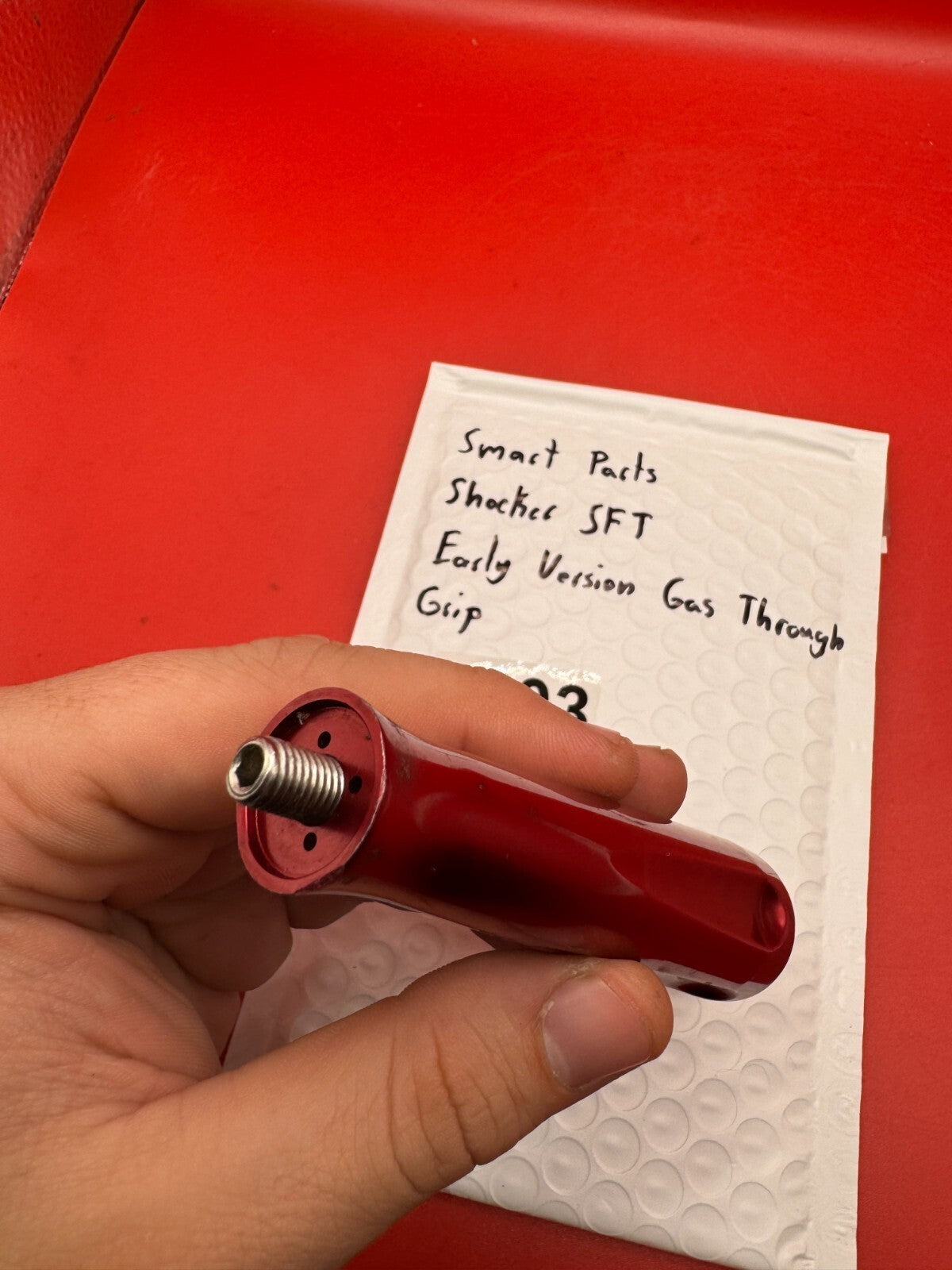 Smart Parts Shocker SFT Early Vision Gas Through Grip - used paintball gas through grip - red anno