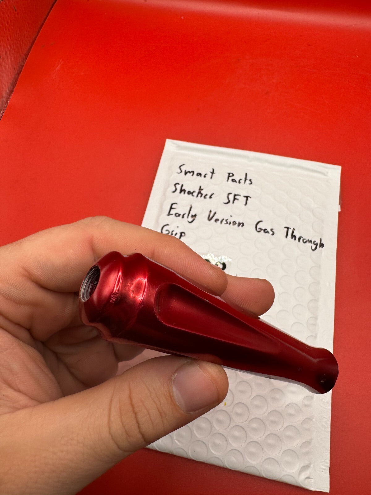 Smart Parts Shocker SFT Early Vision Gas Through Grip - used paintball gas through grip - red anno