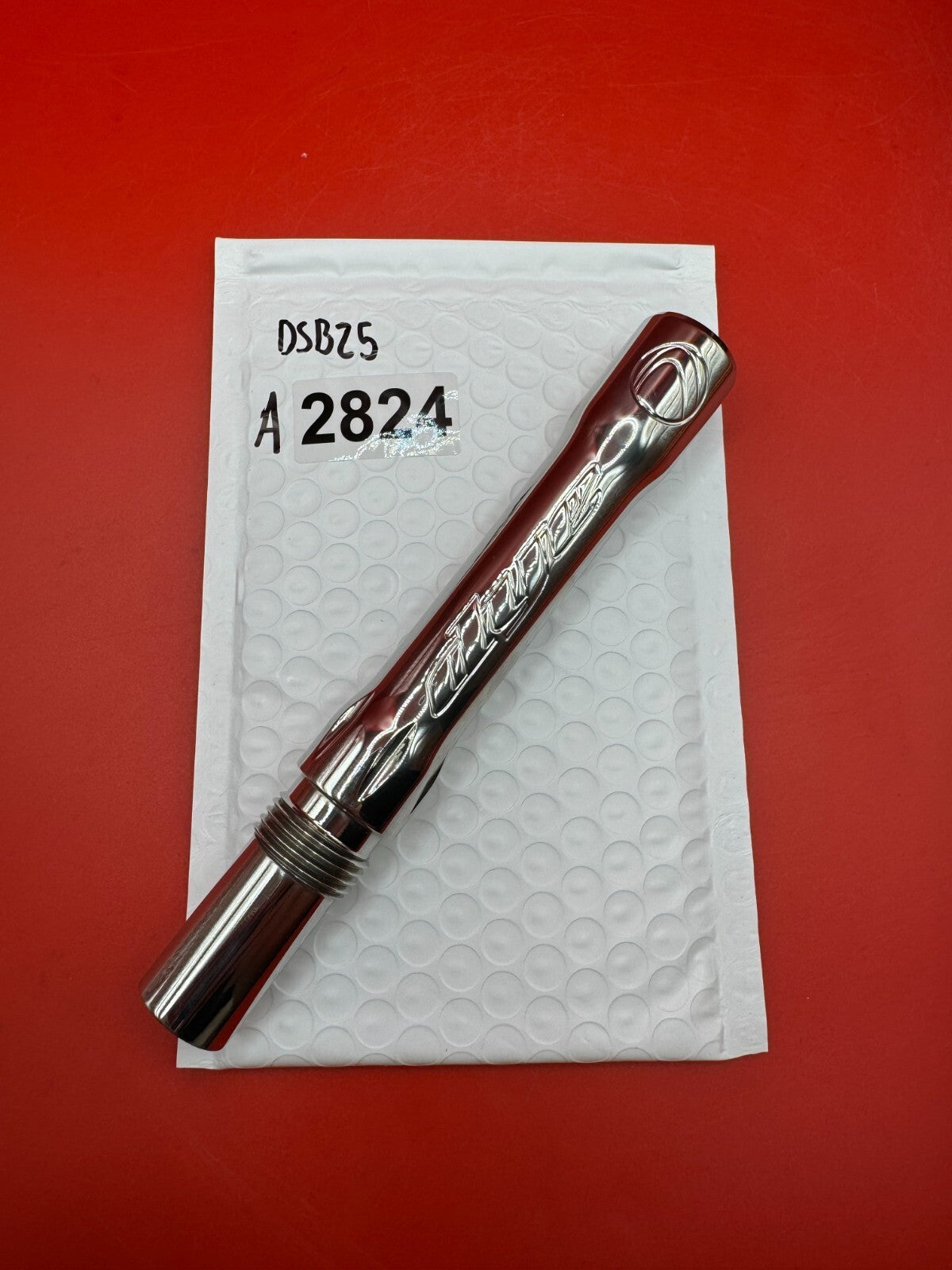 Dye SS Angel Threaded .688 Paintball Barrel Back - used paintball barrel back - silver/red anno