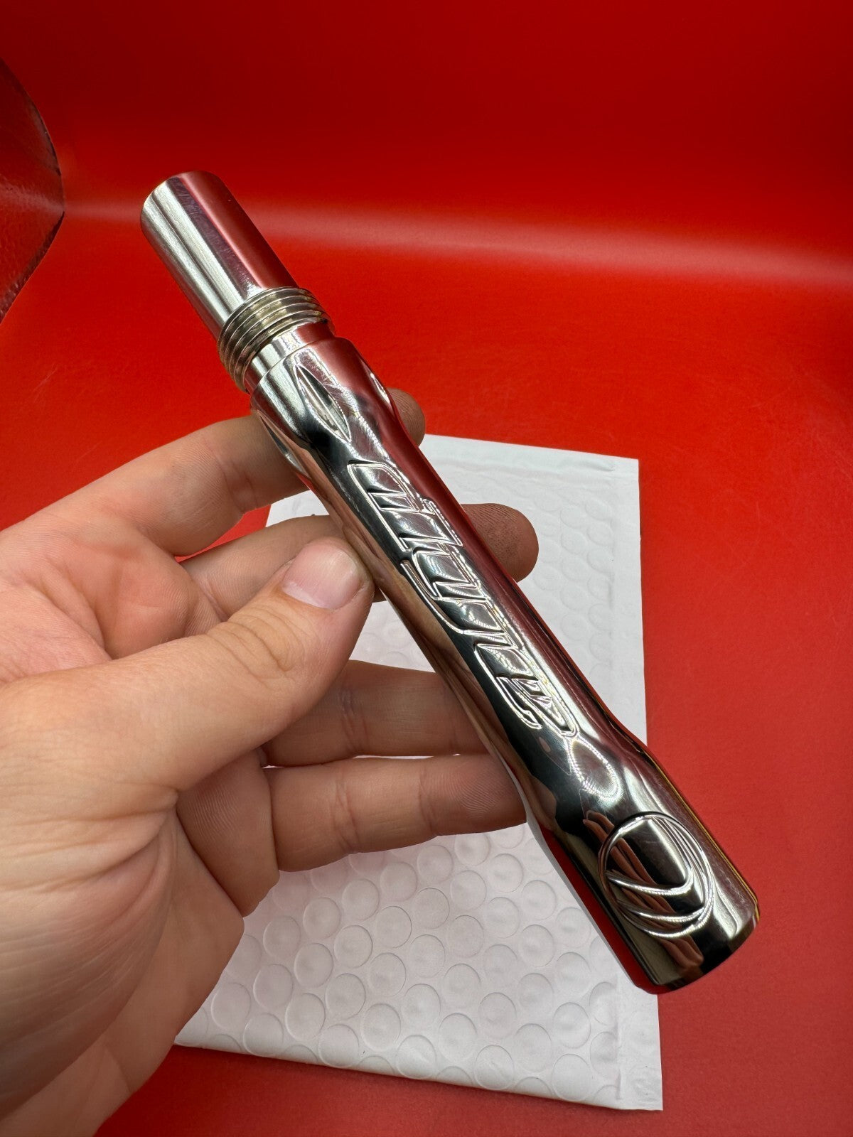 Dye SS Angel Threaded .688 Paintball Barrel Back - used paintball barrel back - silver/red anno