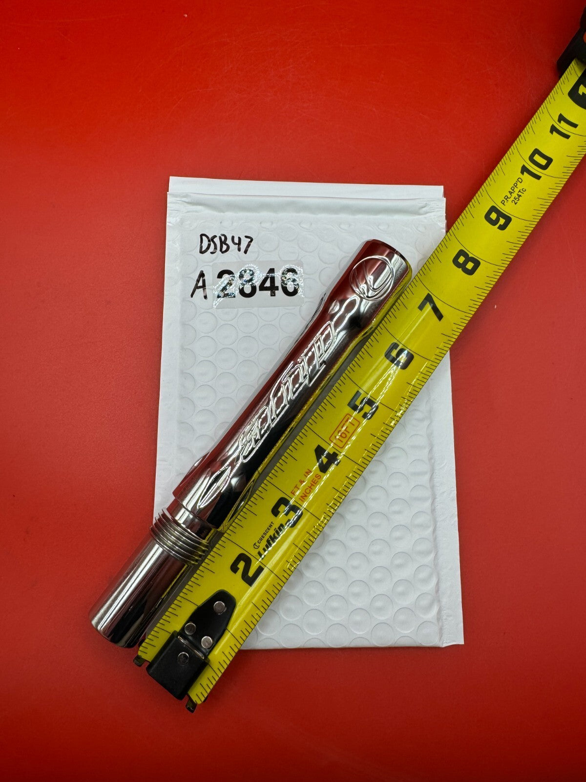 Dye SS Angel Threaded .688 Paintball Barrel Back - used paintball barrel back - silver/red anno
