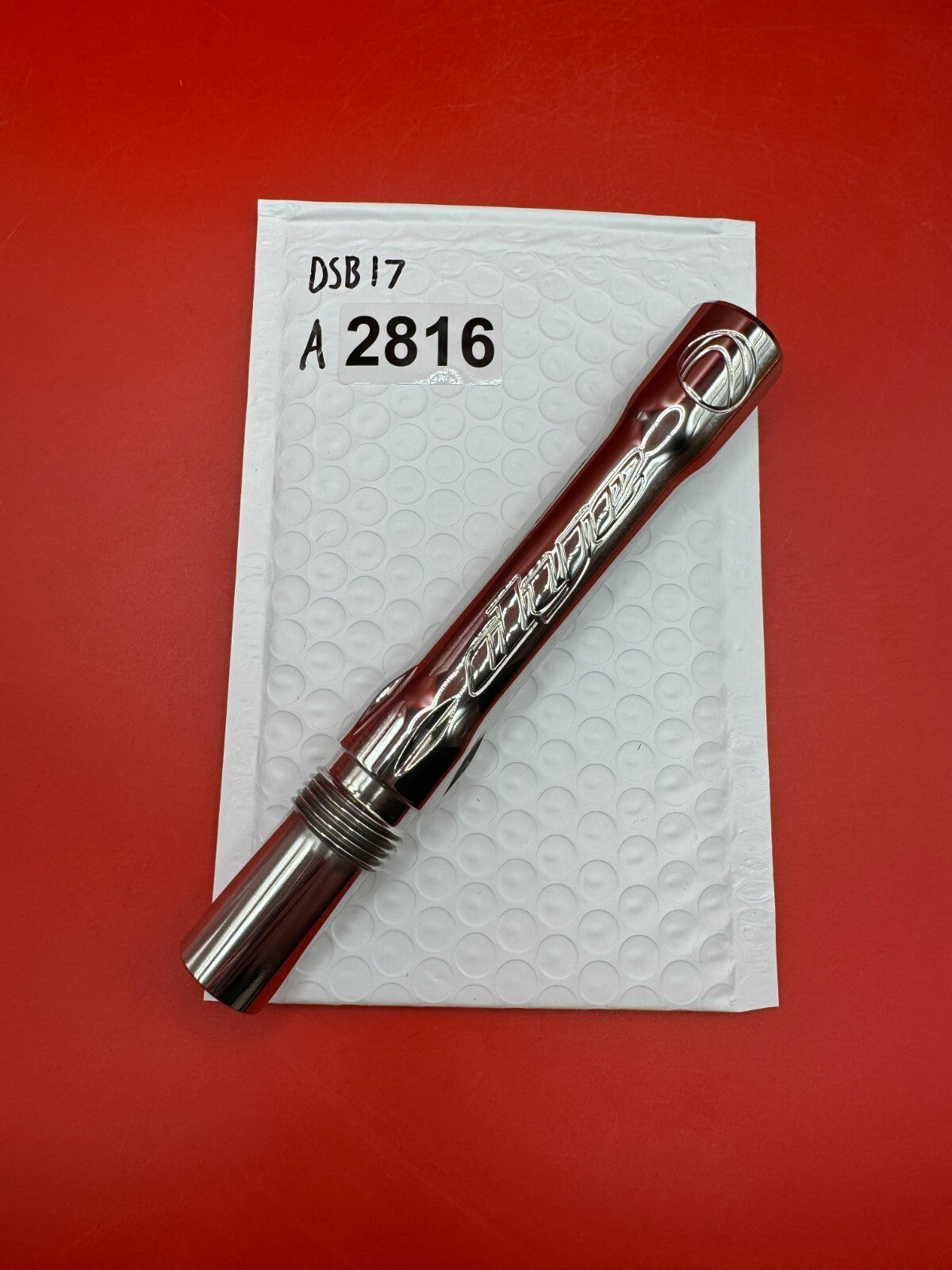 Dye SS Angel Threaded .688 Paintball Barrel Back - used paintball barrel back - red anno/silver