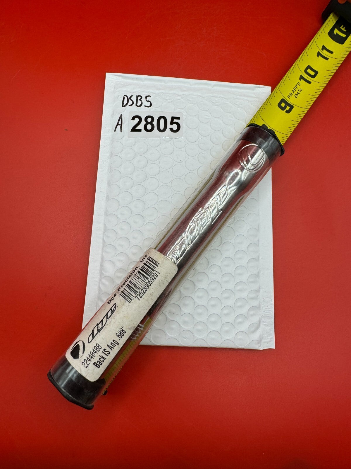 Dye SS Angel Threaded .688 Paintball Barrel Back - used paintball barrel back - silver/red anno