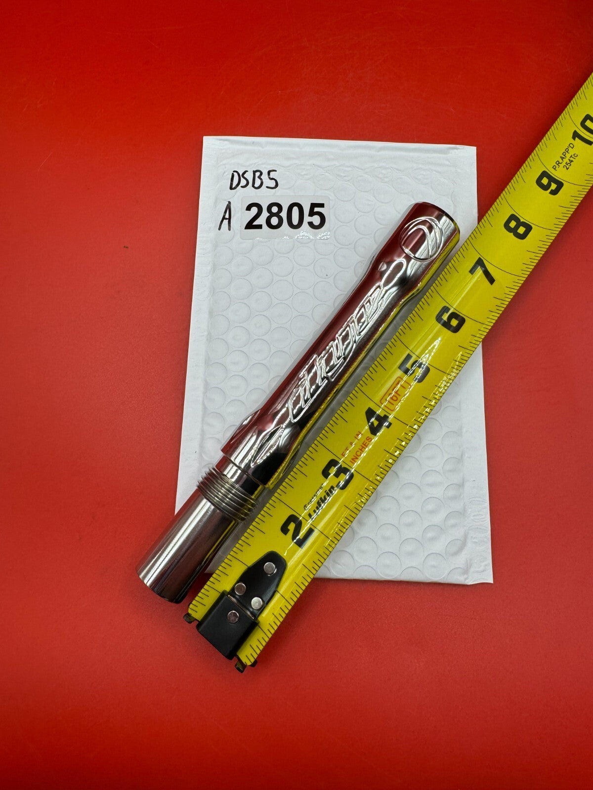 Dye SS Angel Threaded .688 Paintball Barrel Back - used paintball barrel back - silver/red anno