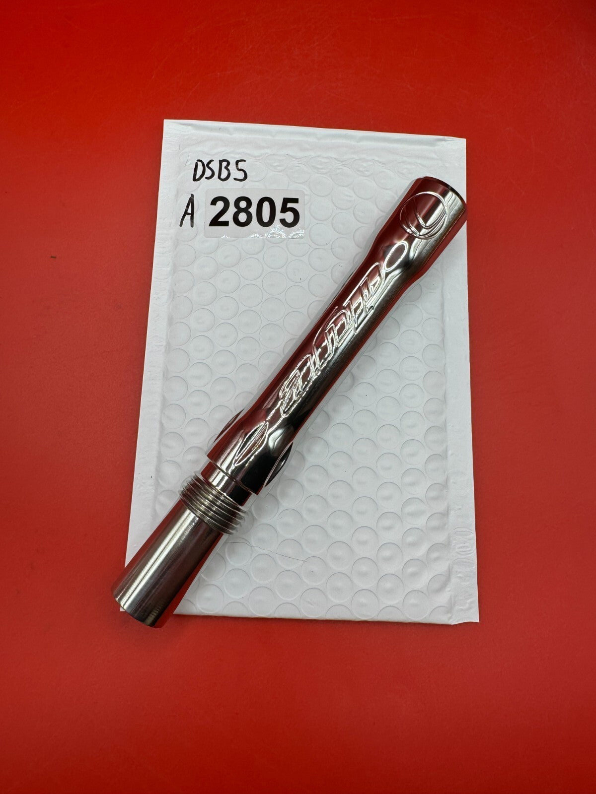 Dye SS Angel Threaded .688 Paintball Barrel Back - used paintball barrel back - silver/red anno