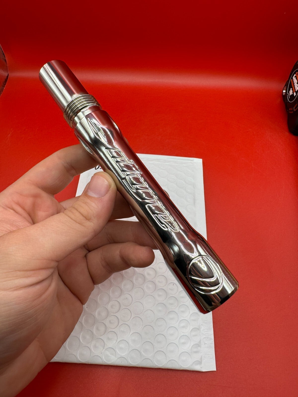 Dye SS Angel Threaded .688 Paintball Barrel Back - used paintball barrel back - red anno/silver