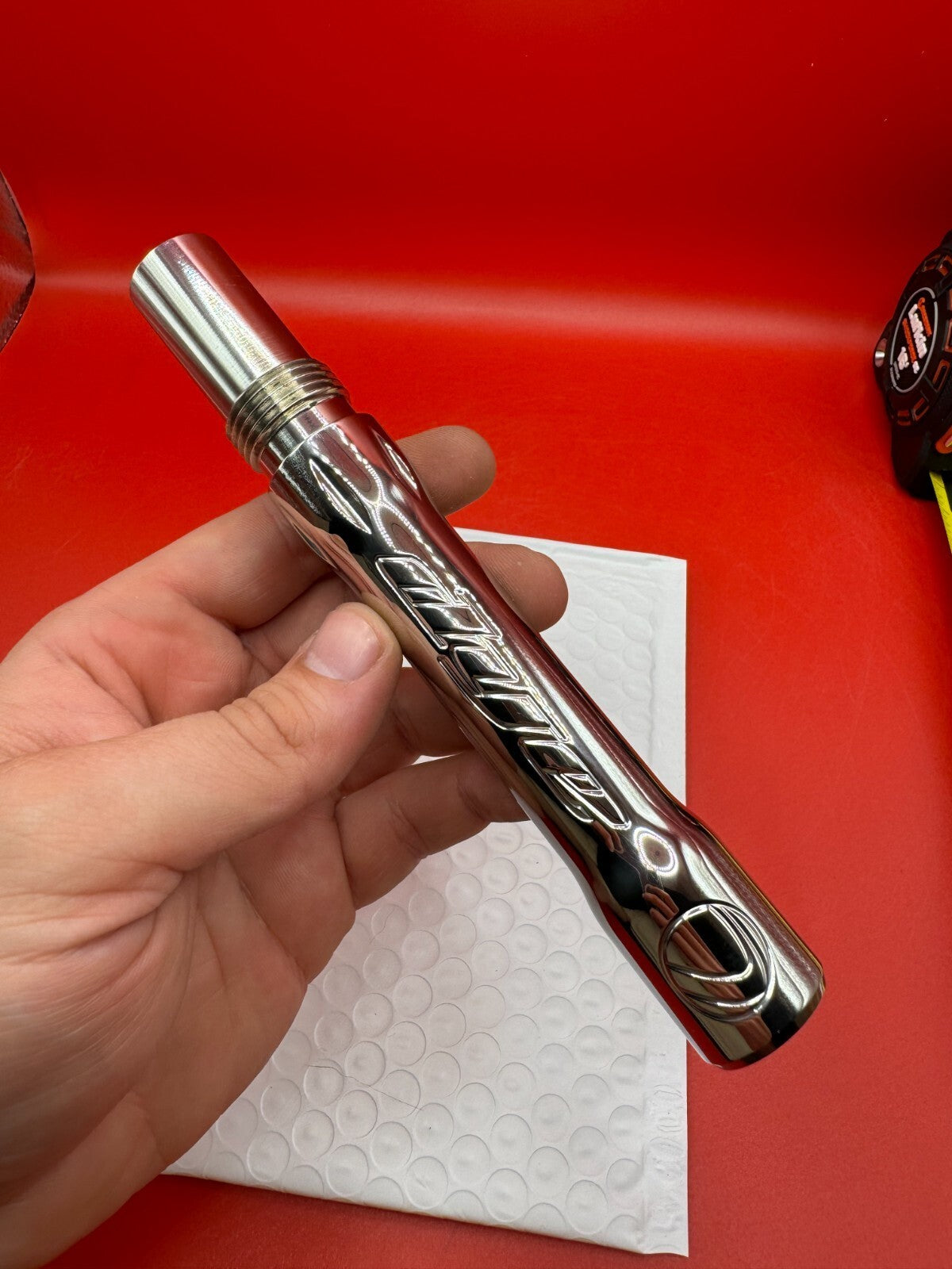 Dye SS Angel Threaded .688 Paintball Barrel Back - used paintball barrel back - silver/red anno