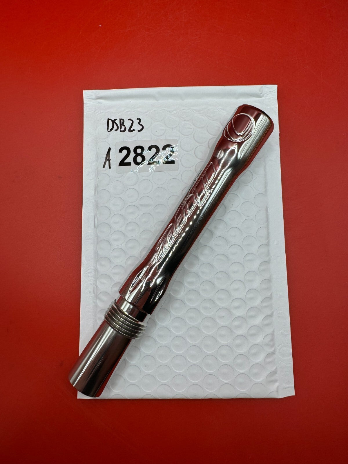 Dye SS Angel Threaded .688 Paintball Barrel Back - used paintball barrel back - silver/chrome