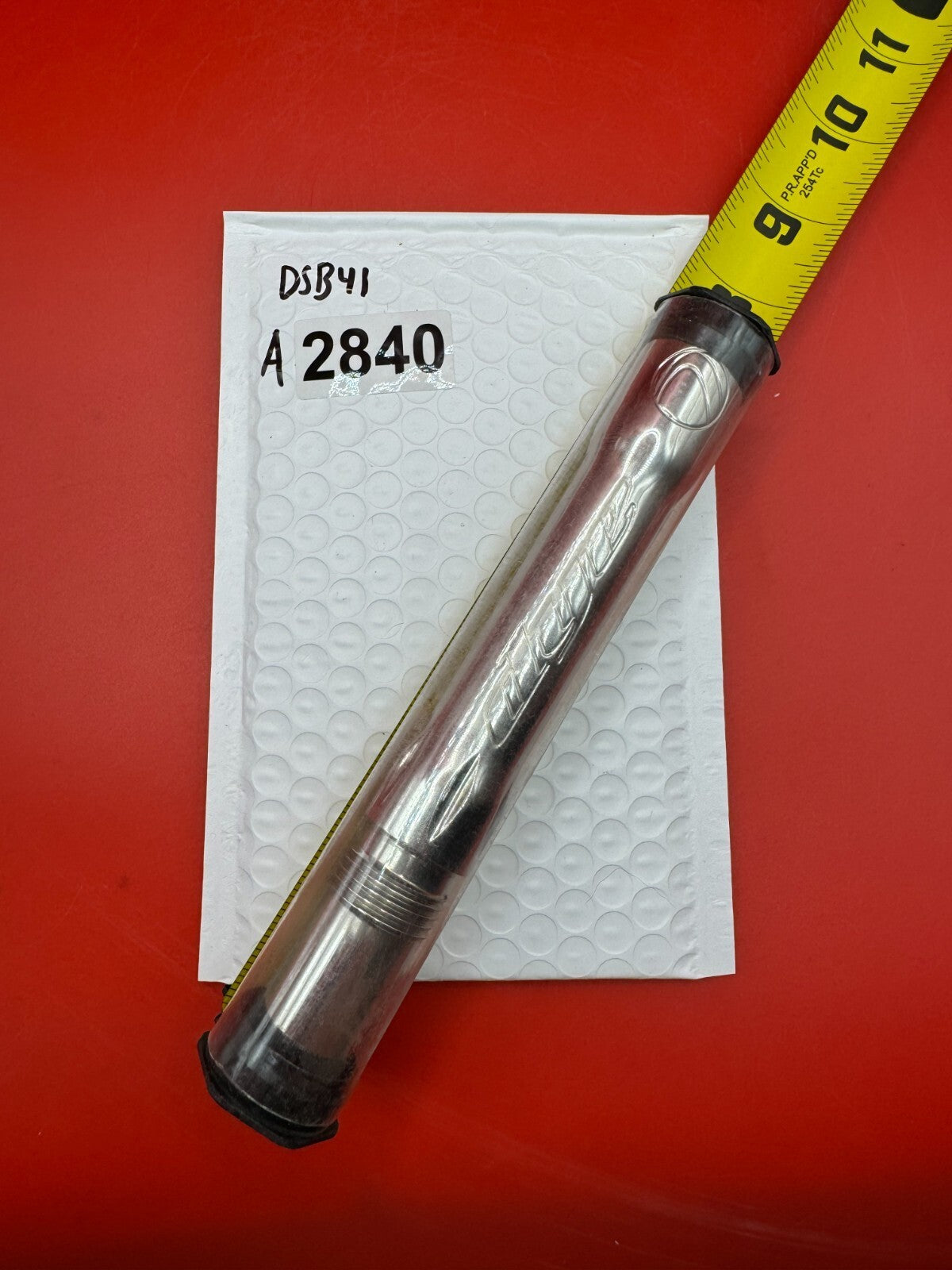 Dye SS Angel Threaded .688 Paintball Barrel Back - used paintball barrel back - silver/red anno