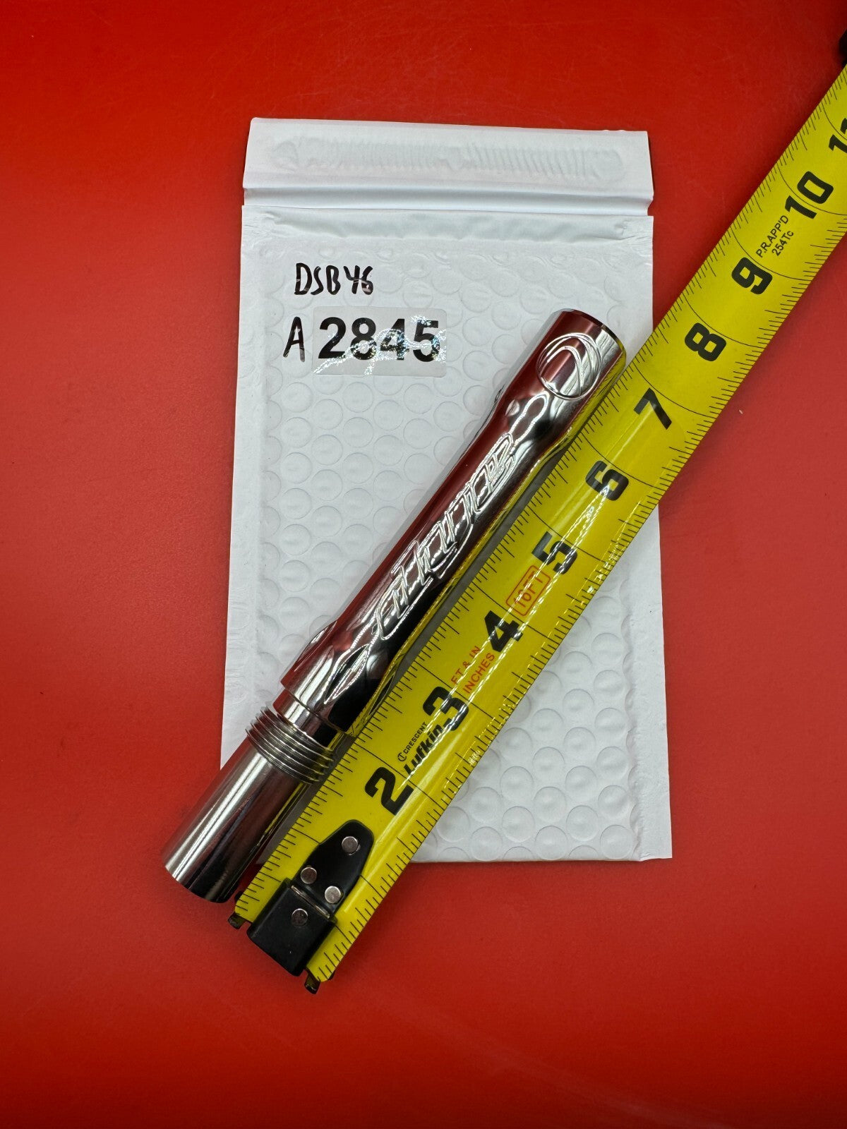 Dye SS Angel Threaded .688 Paintball Barrel Back - used paintball barrel back - silver/red anno