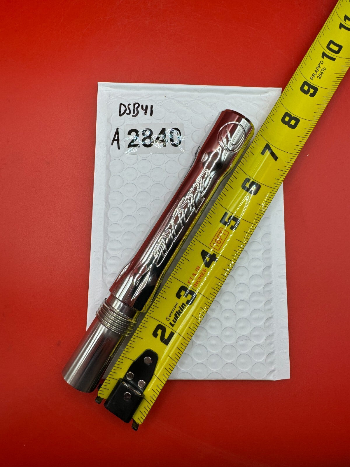 Dye SS Angel Threaded .688 Paintball Barrel Back - used paintball barrel back - silver/red anno