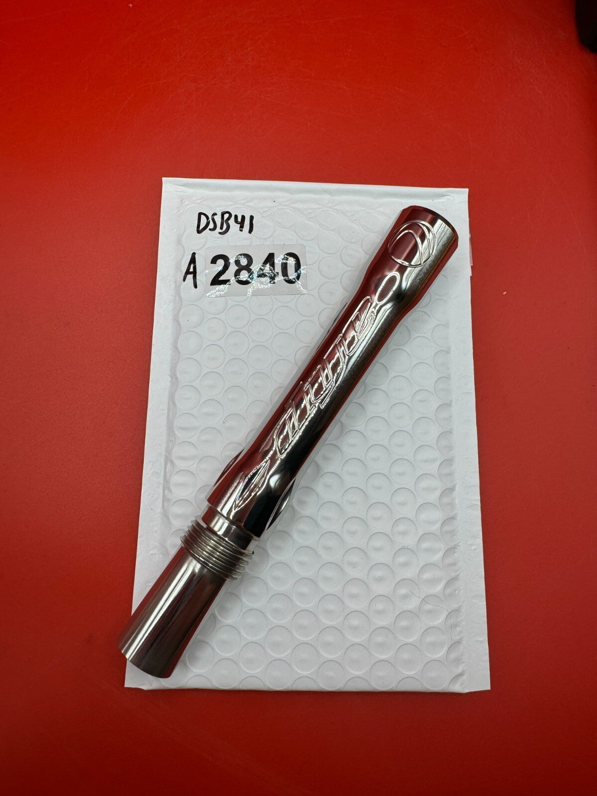Dye SS Angel Threaded .688 Paintball Barrel Back - used paintball barrel back - silver/red anno