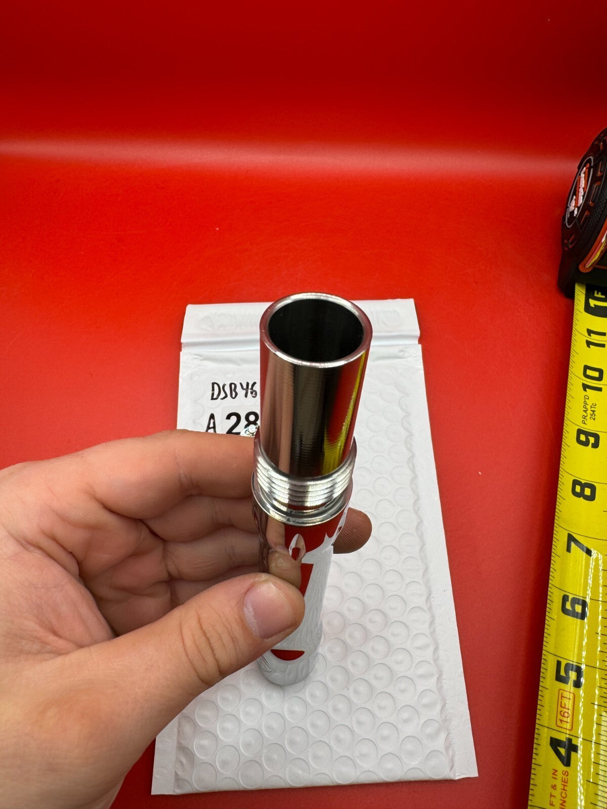 Dye SS Angel Threaded .688 Paintball Barrel Back - used paintball barrel back - silver/red anno